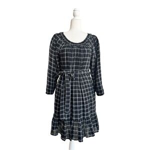 La Vie Rebecca Taylor Black Silver Plaid Long Sleeve Ruffle Womens Size S Belted